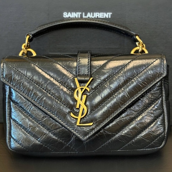 YSL SAINT LAURENT COLLEGE MINI CHAIN BAG IN SHINY CRACKLED LEATHER BLACK - Picture 3 of 16